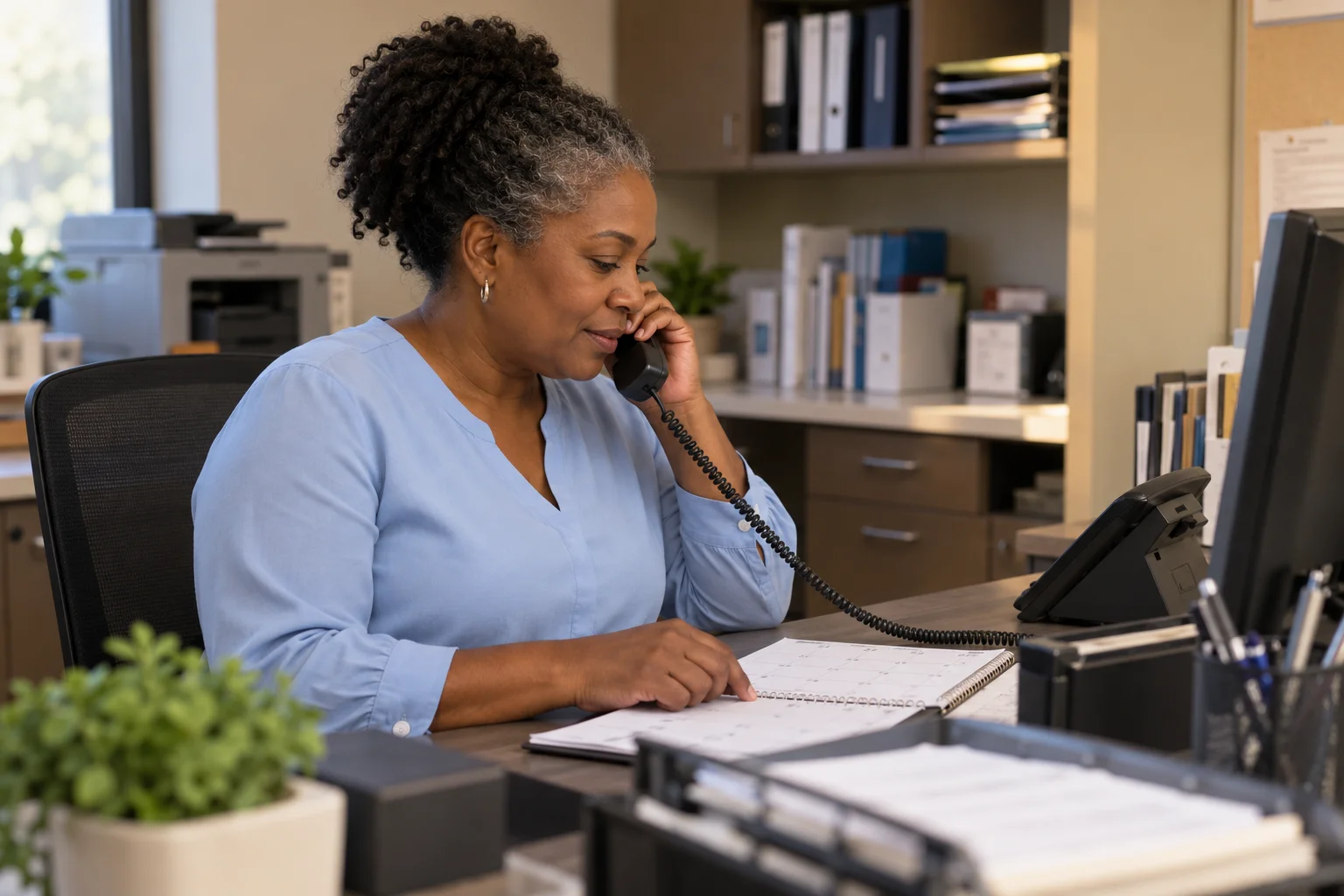 Practice manager arranging a service pickup by phone.