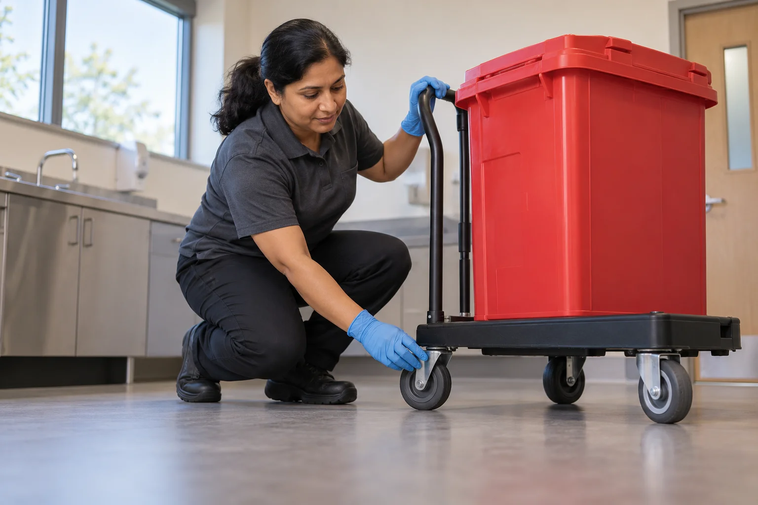 Worker checking a cart carrying a closed medical waste container.