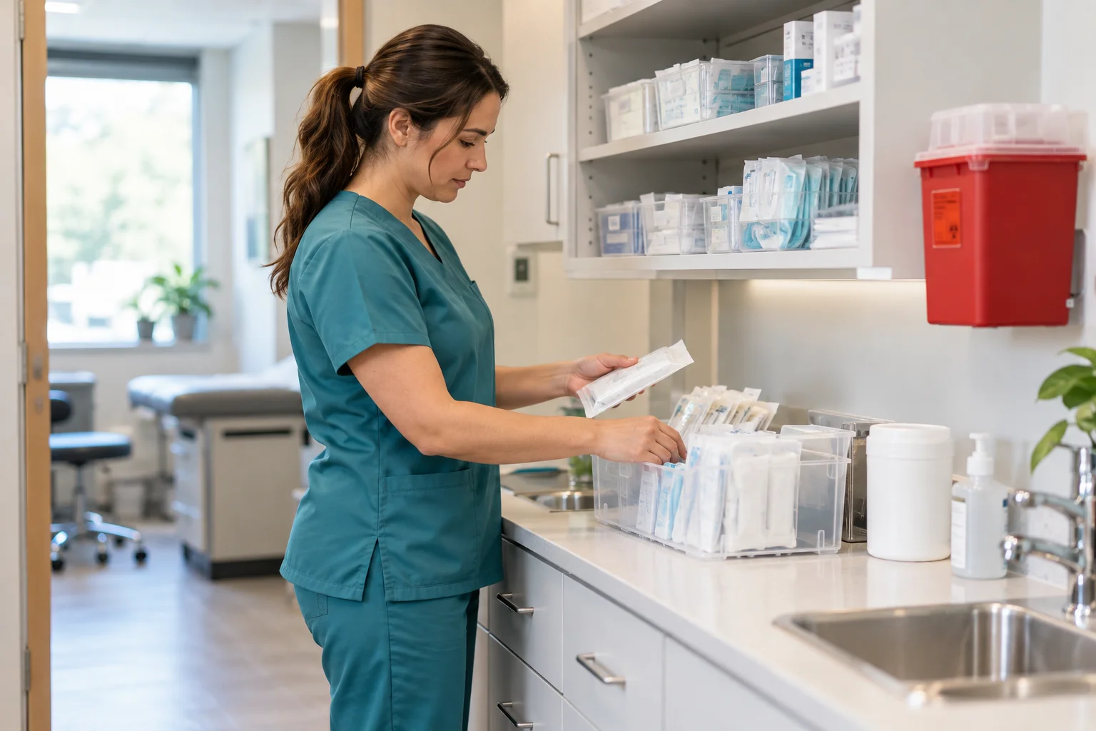 Healthcare professional organizing packaged supplies in a clean clinic.