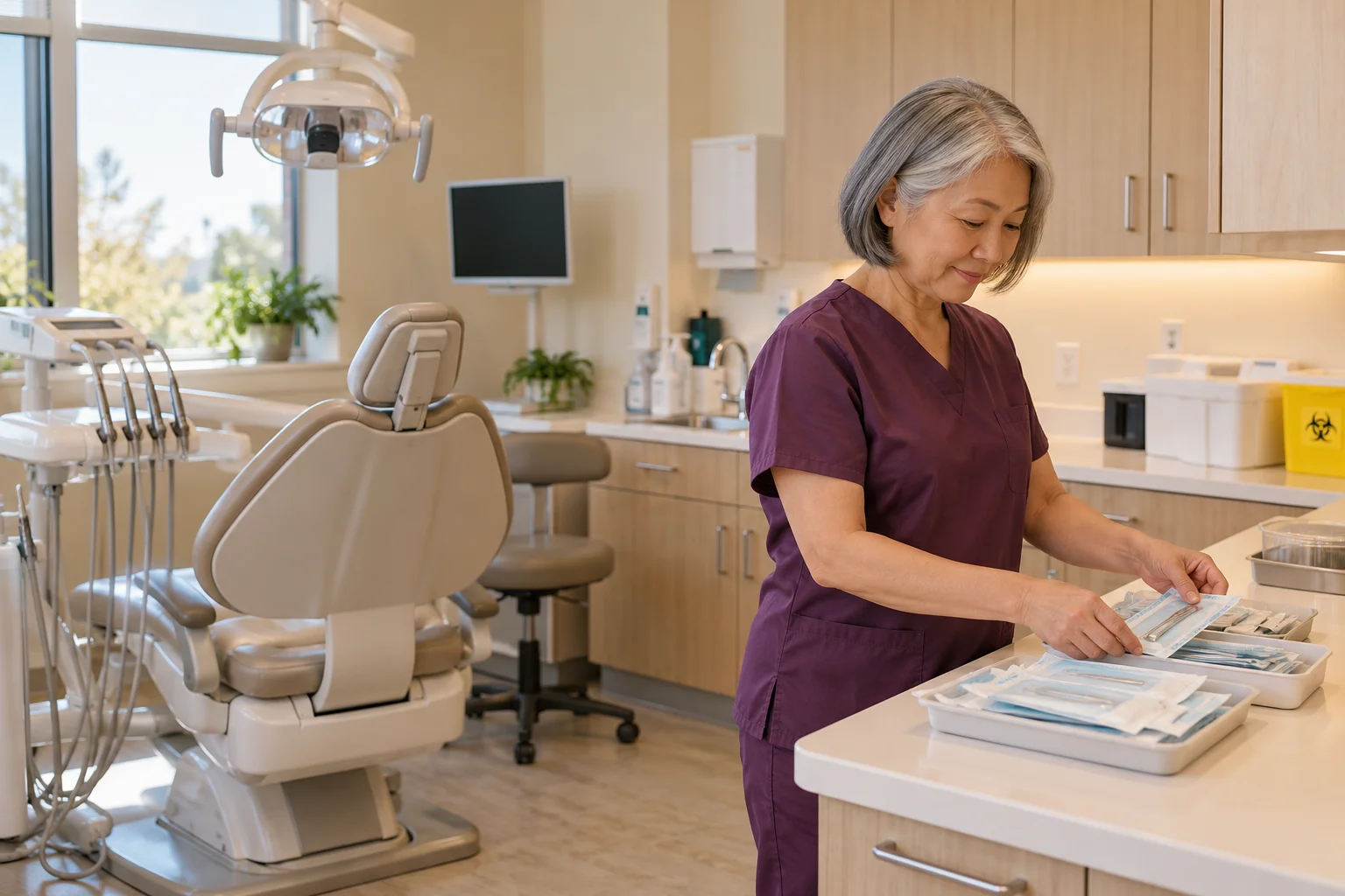 Dental assistant preparing packaged supplies in an empty treatment room.
