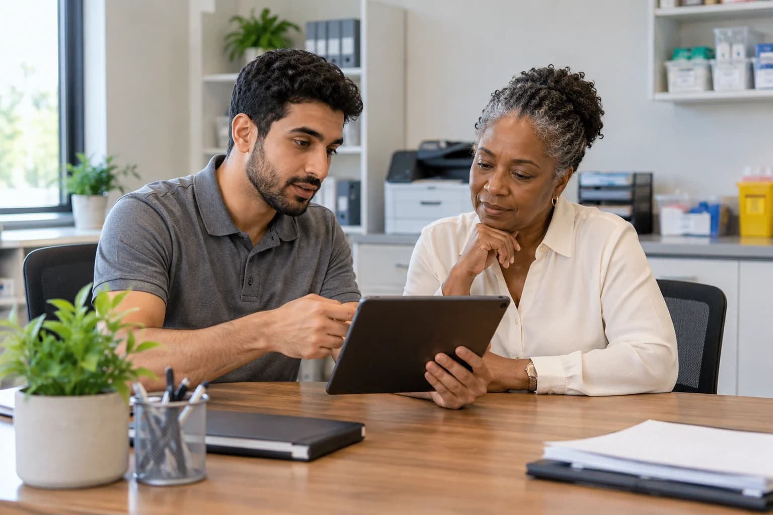 Office coordinator and practice manager planning service schedules.
