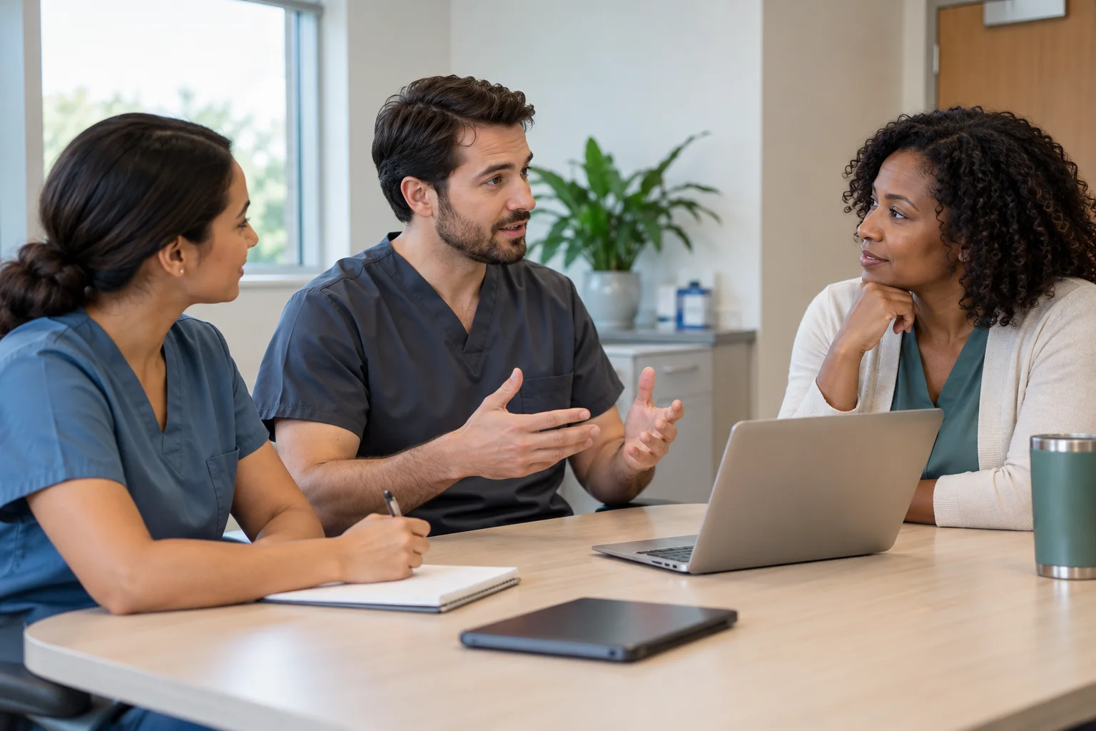 Healthcare colleagues taking part in a workplace training discussion.