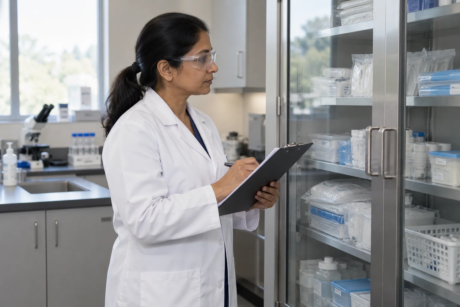 Laboratory professional checking a cabinet of sealed supplies.