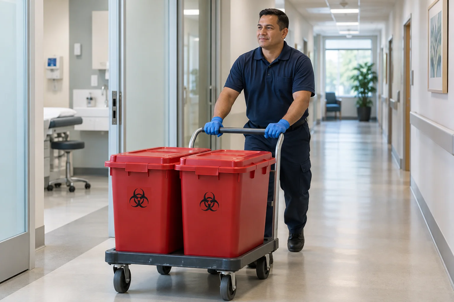 Worker moving closed red medical waste containers on a cart through a clinic corridor.