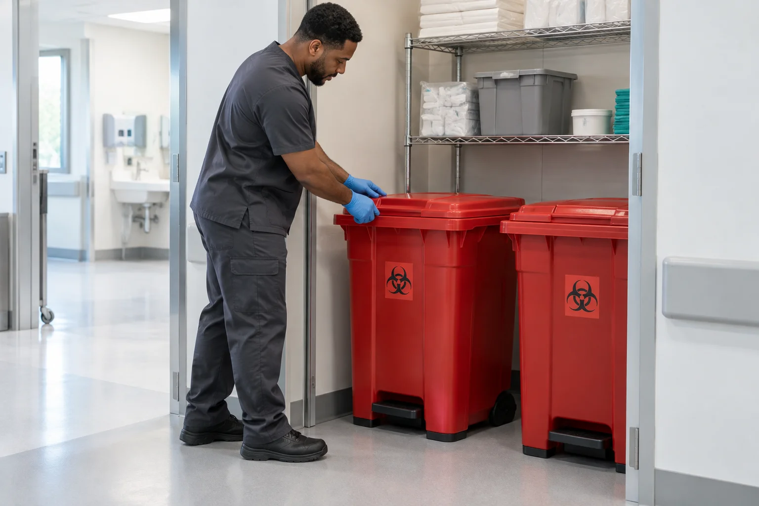 Worker inspecting closed medical waste containers in a healthcare storage area.
