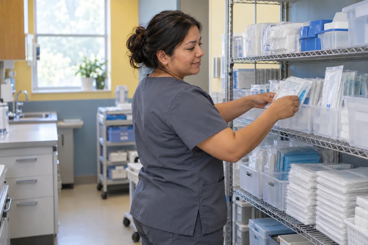 Healthcare worker organizing supplies in a pediatric practice back room.