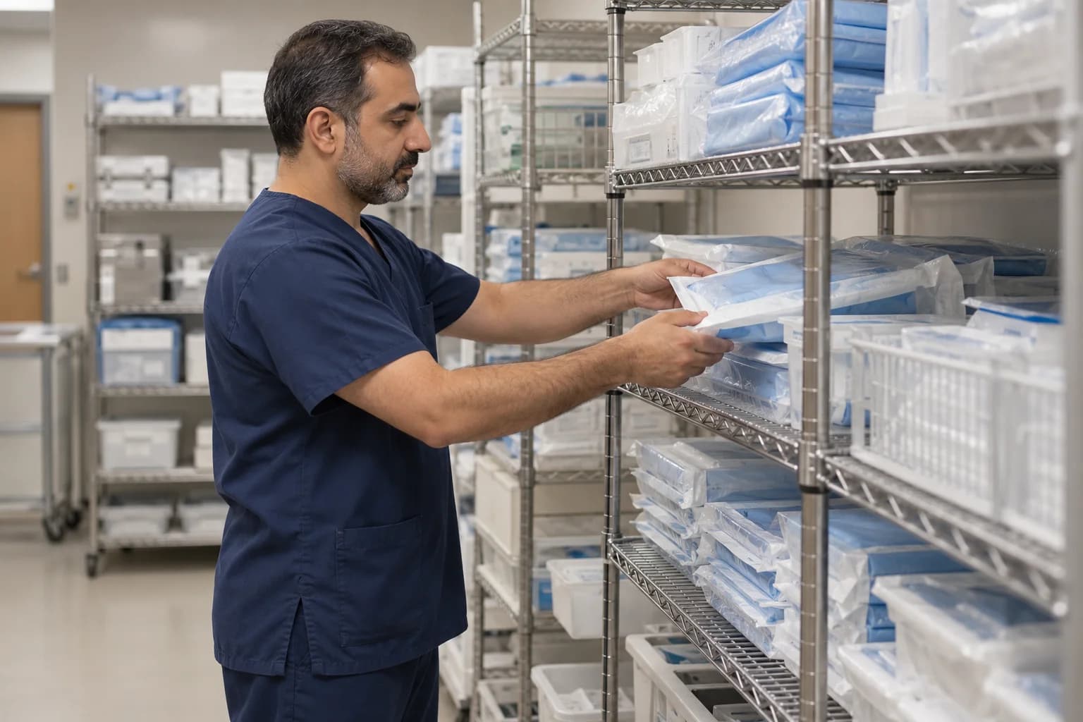 Healthcare worker organizing sealed surgery-center supplies.