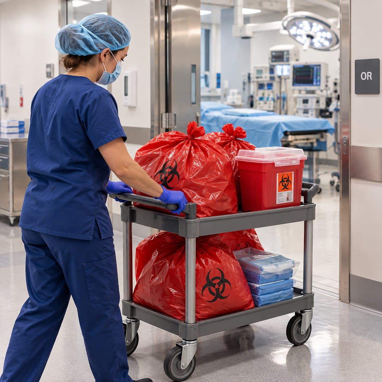 Surgical case waste sealed and staged for pickup at an ambulatory surgery center
