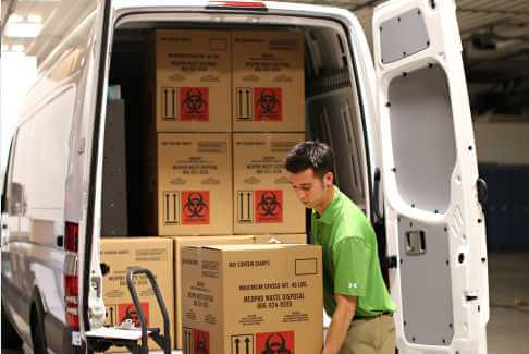 MedPro Disposal technician loading labeled biohazard waste boxes into a service van