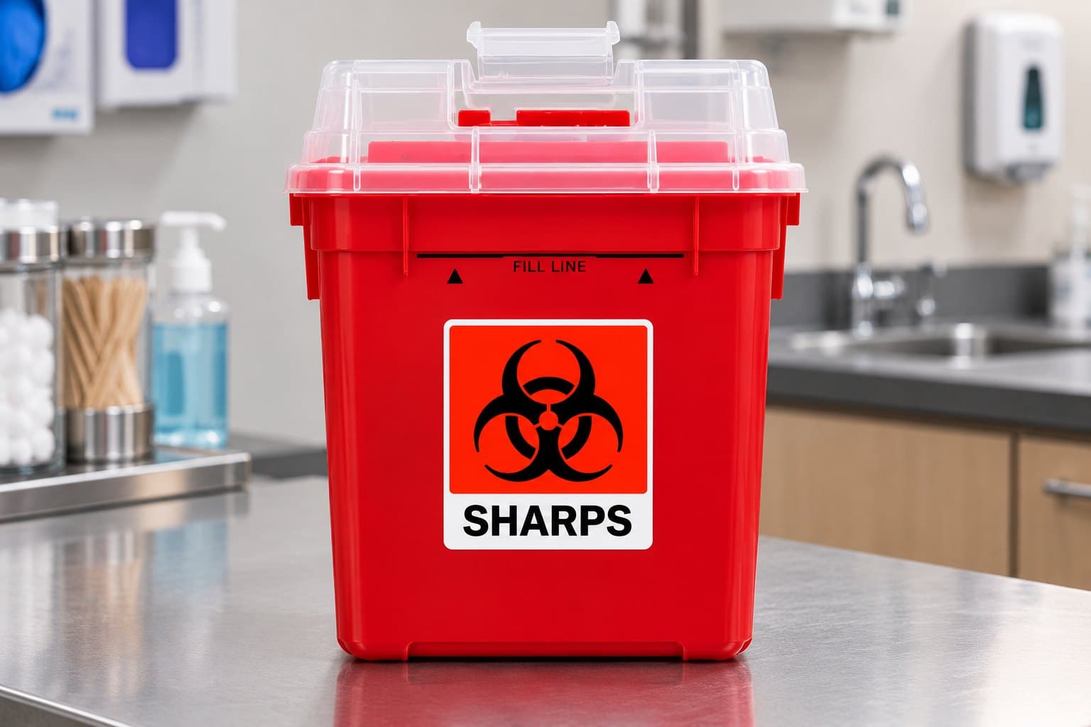 Red sharps container with a closable lid, fill line and SHARPS biohazard label