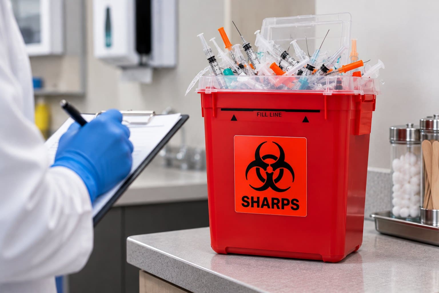 Overfilled sharps container, one of the most common sharps disposal mistakes