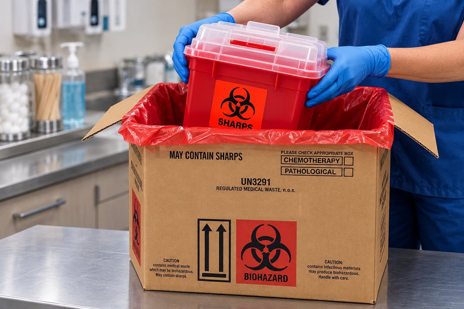 Gloved hands placing a sealed sharps container into a biohazard shipping box for pickup