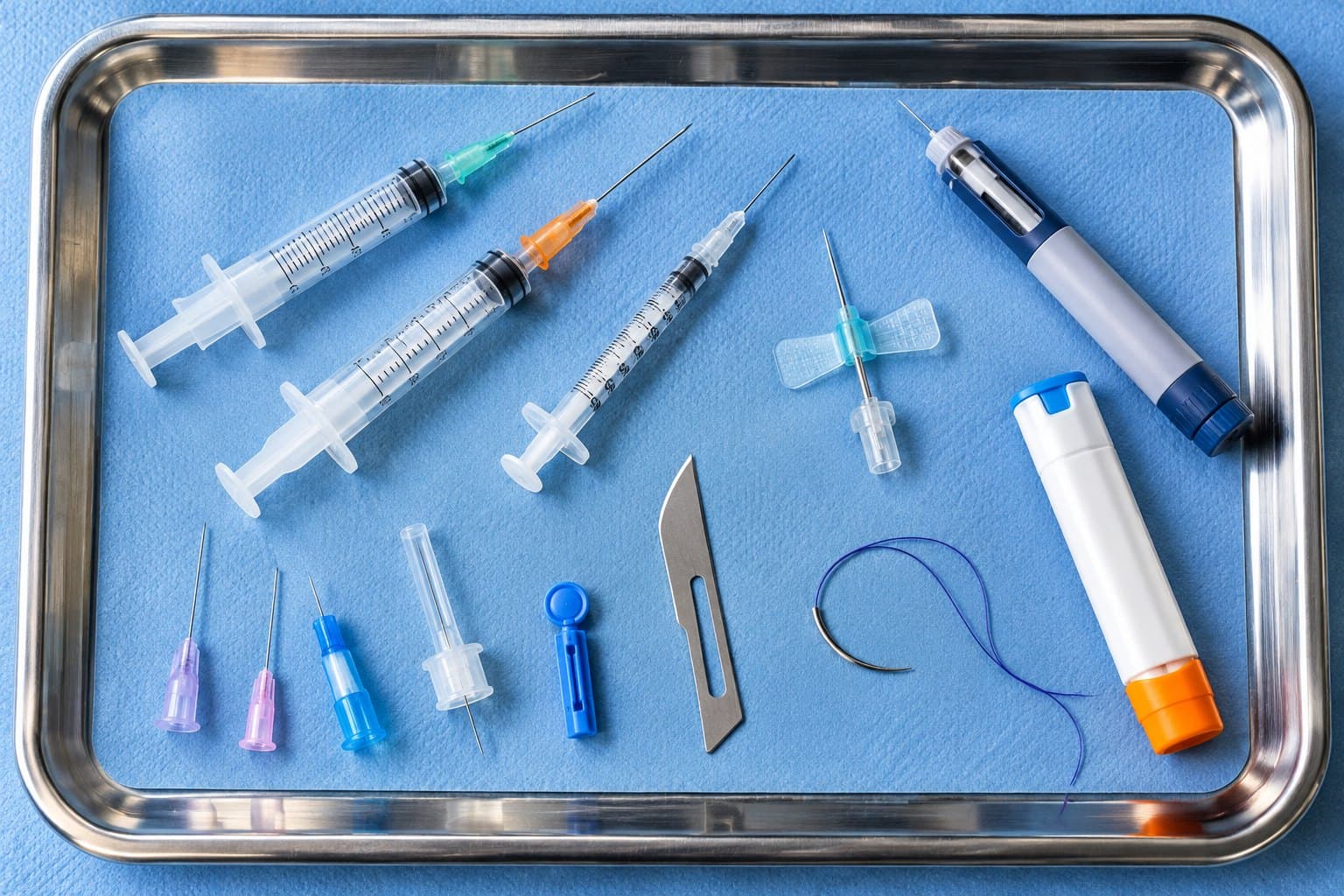 Common types of sharps: syringes, pen needles, lancets, a scalpel blade, a suture needle and an auto-injector