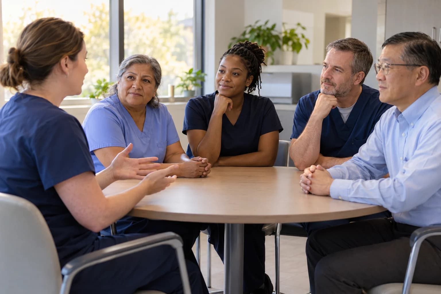 Healthcare staff participating in a workplace safety discussion.