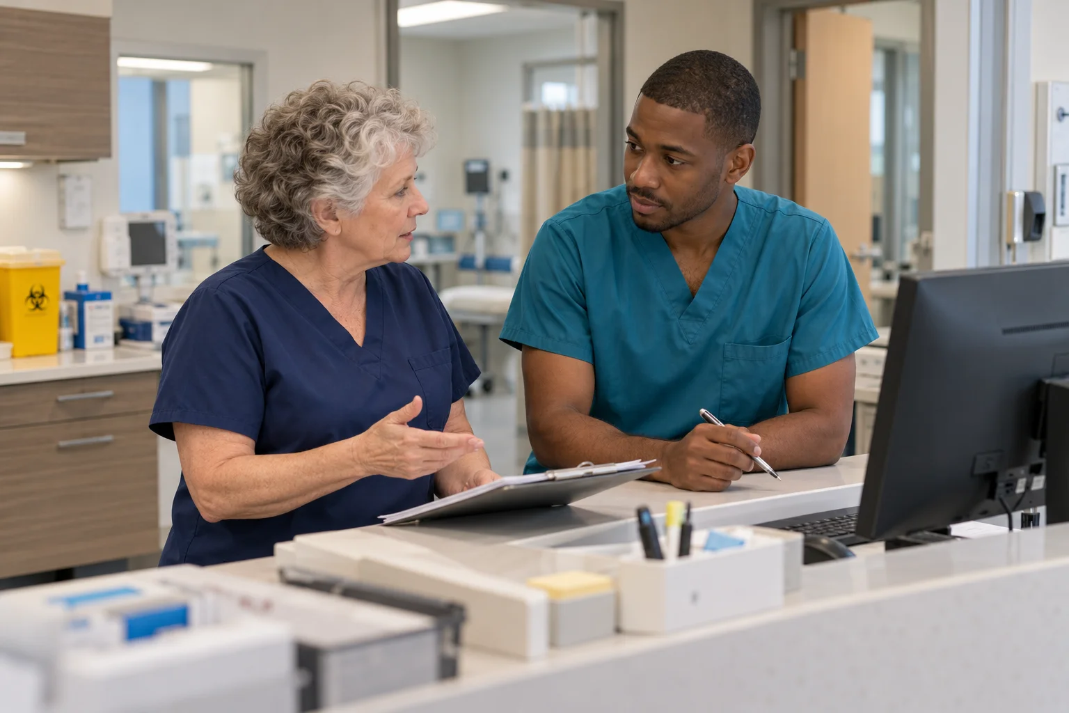 Two nurses discussing workflow at an outpatient nurse station.