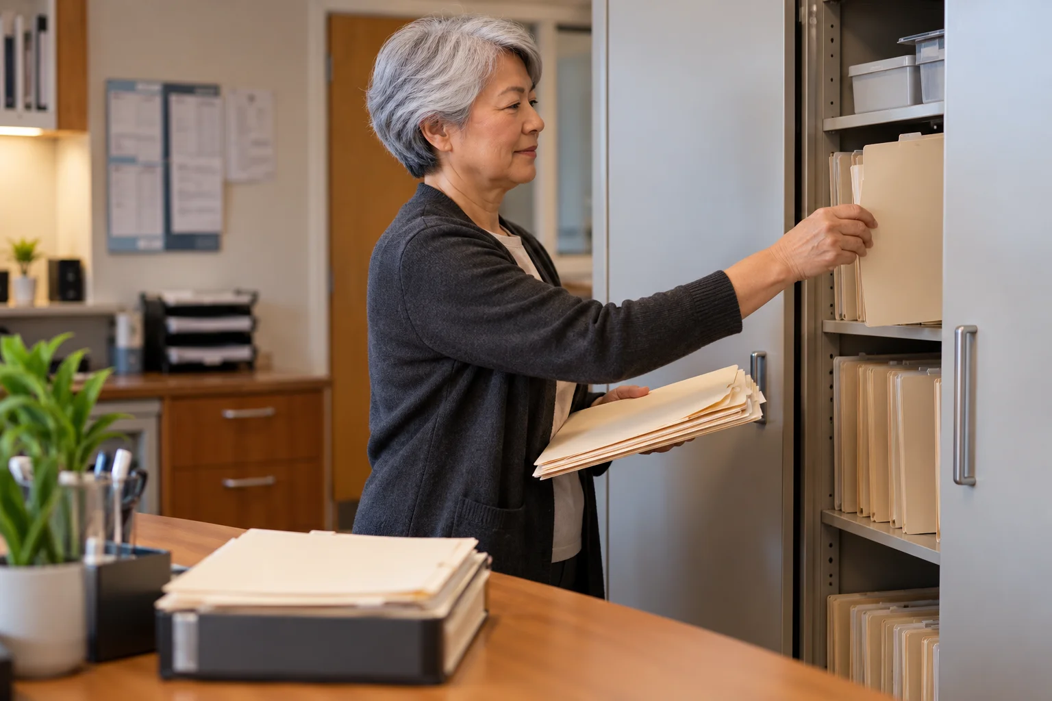 Medical office administrator organizing closed folders in a back office.