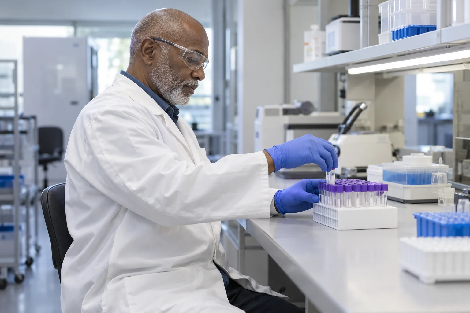 Laboratory professional organizing capped tubes at a clean bench.