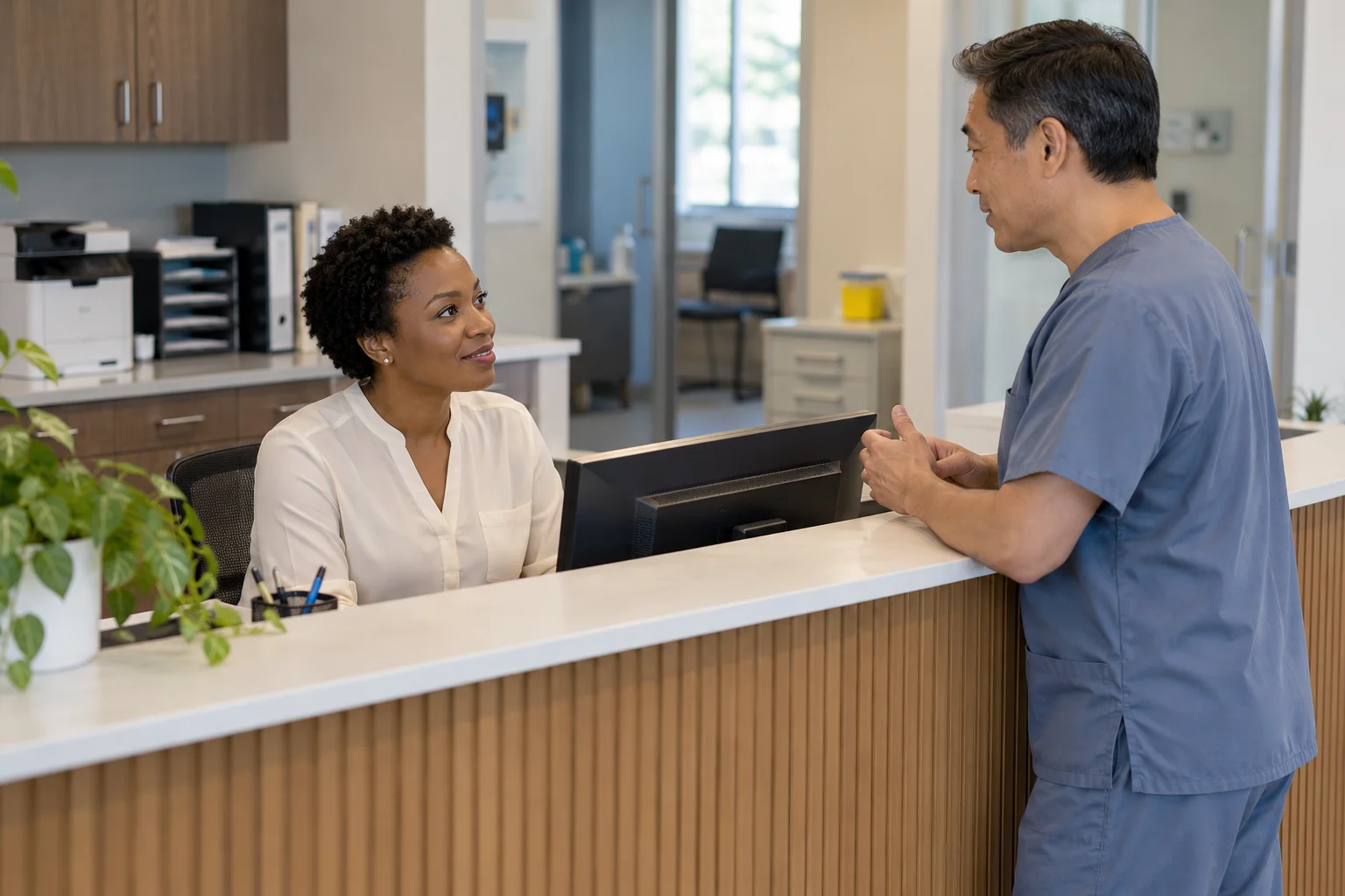Receptionist and healthcare colleague discussing clinic operations.