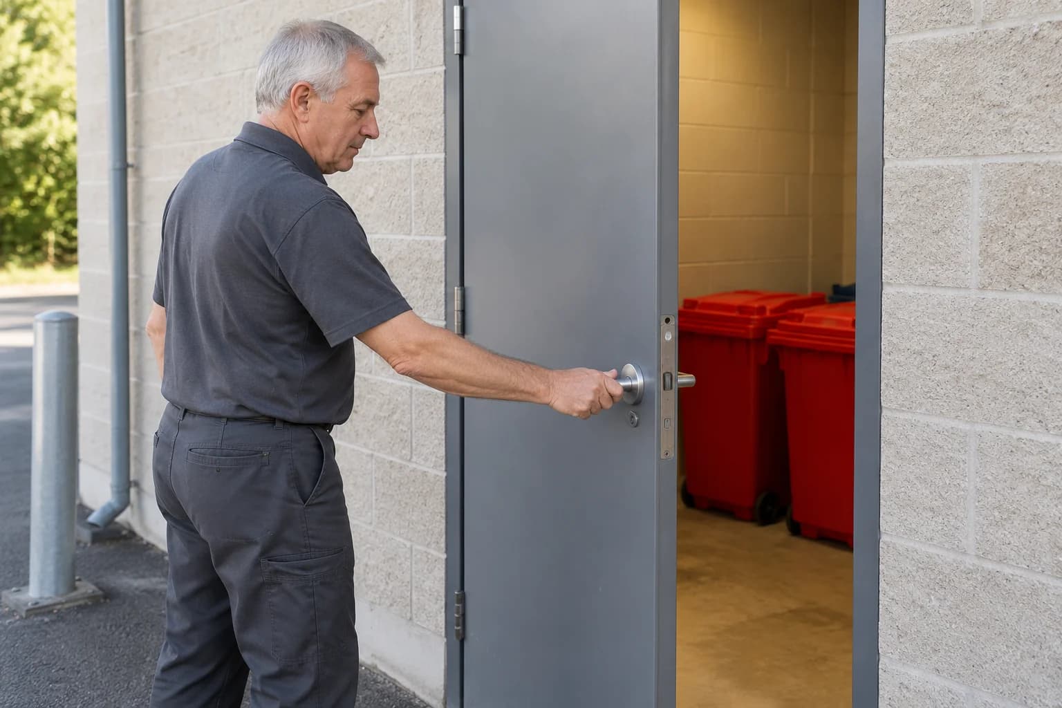 Worker closing the door of a dedicated medical waste storage room.