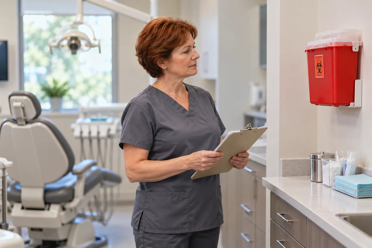 Dental assistant visually checking a closed sharps container.