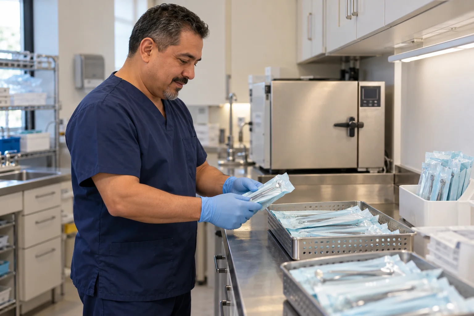 Dental assistant organizing sealed instrument pouches in a clean processing area.
