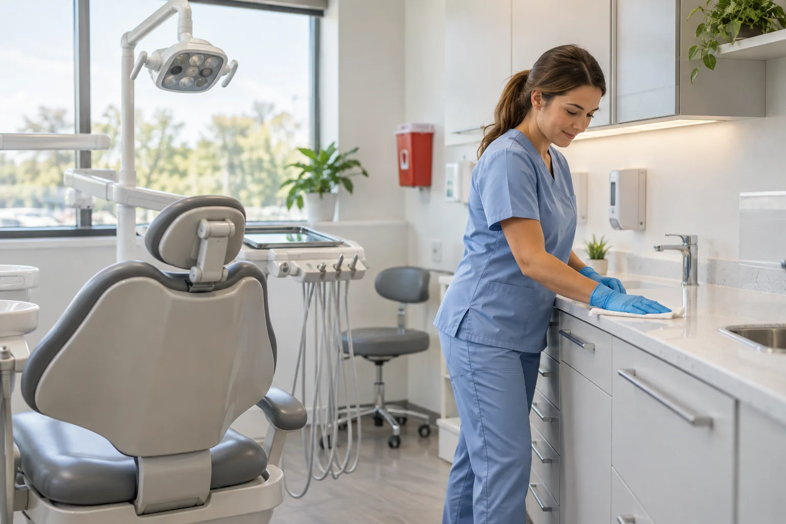 Dental assistant cleaning a work surface in a modern treatment room.