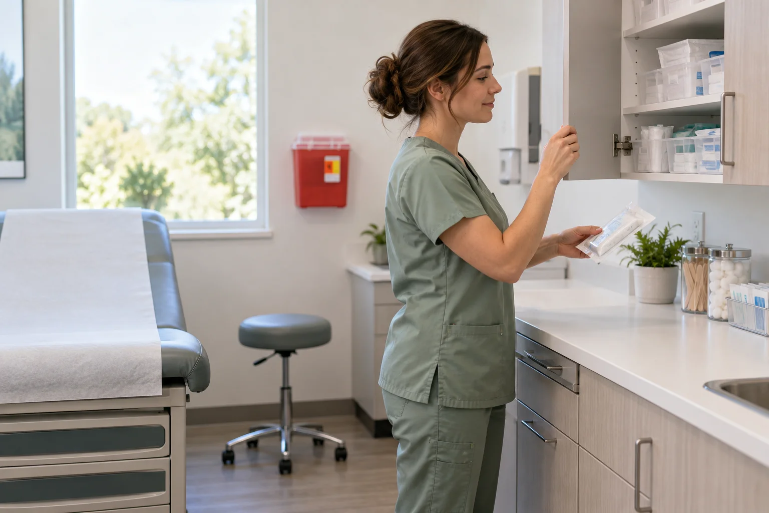 Clinician checking packaged supplies in an examination room cabinet.