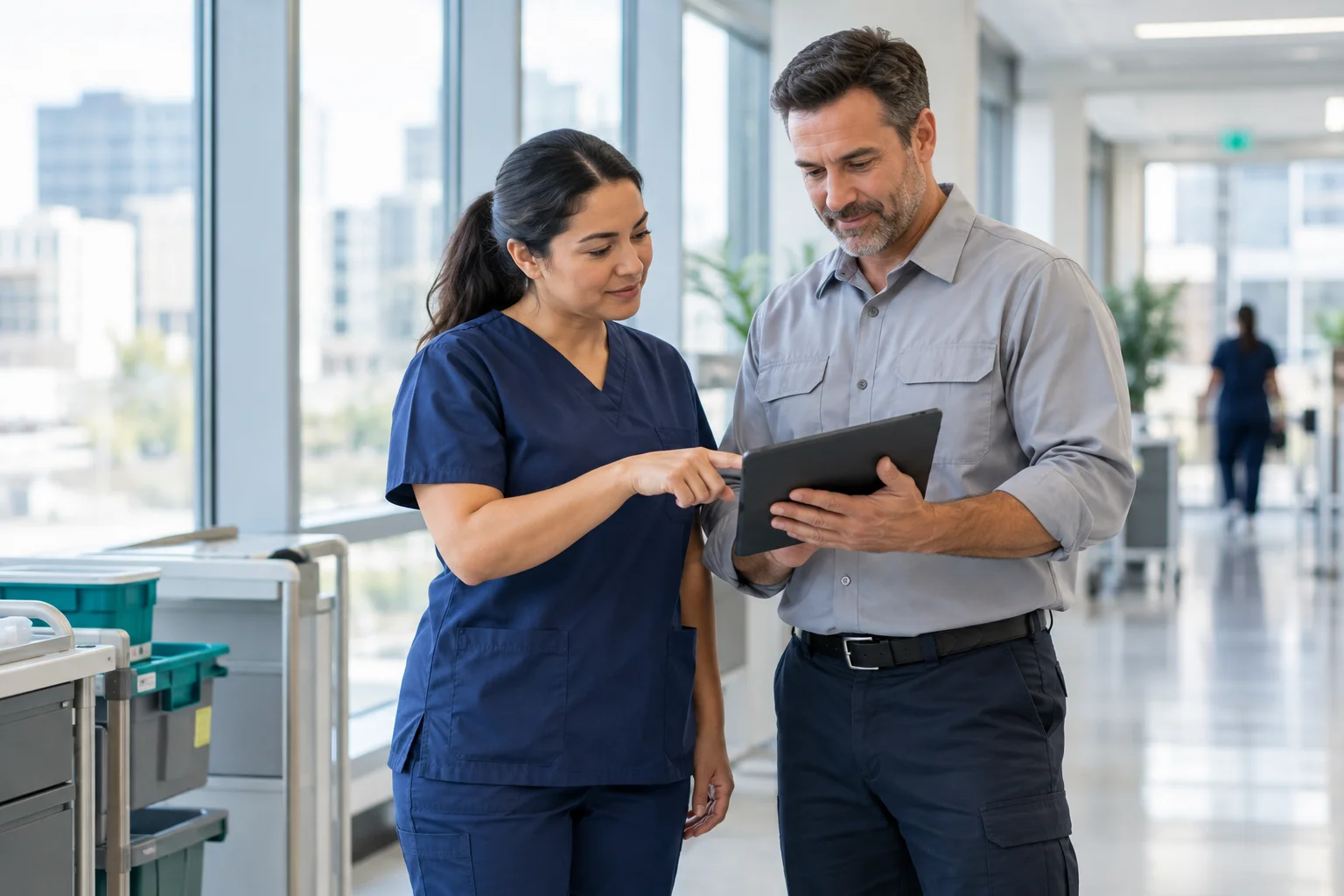 Two professionals reviewing a tablet in a bright healthcare corridor.