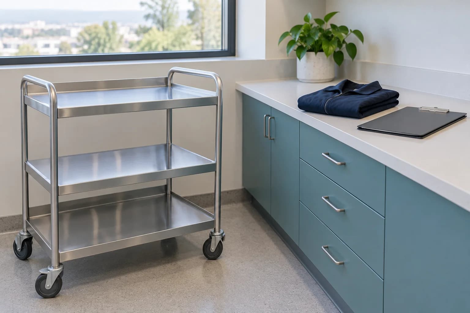 Clean service cart and unmarked work supplies prepared for a healthcare visit.