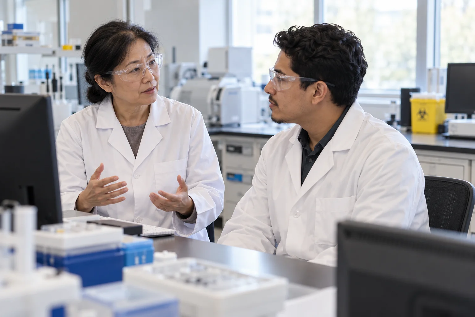 Laboratory supervisor and technician discussing workflow.