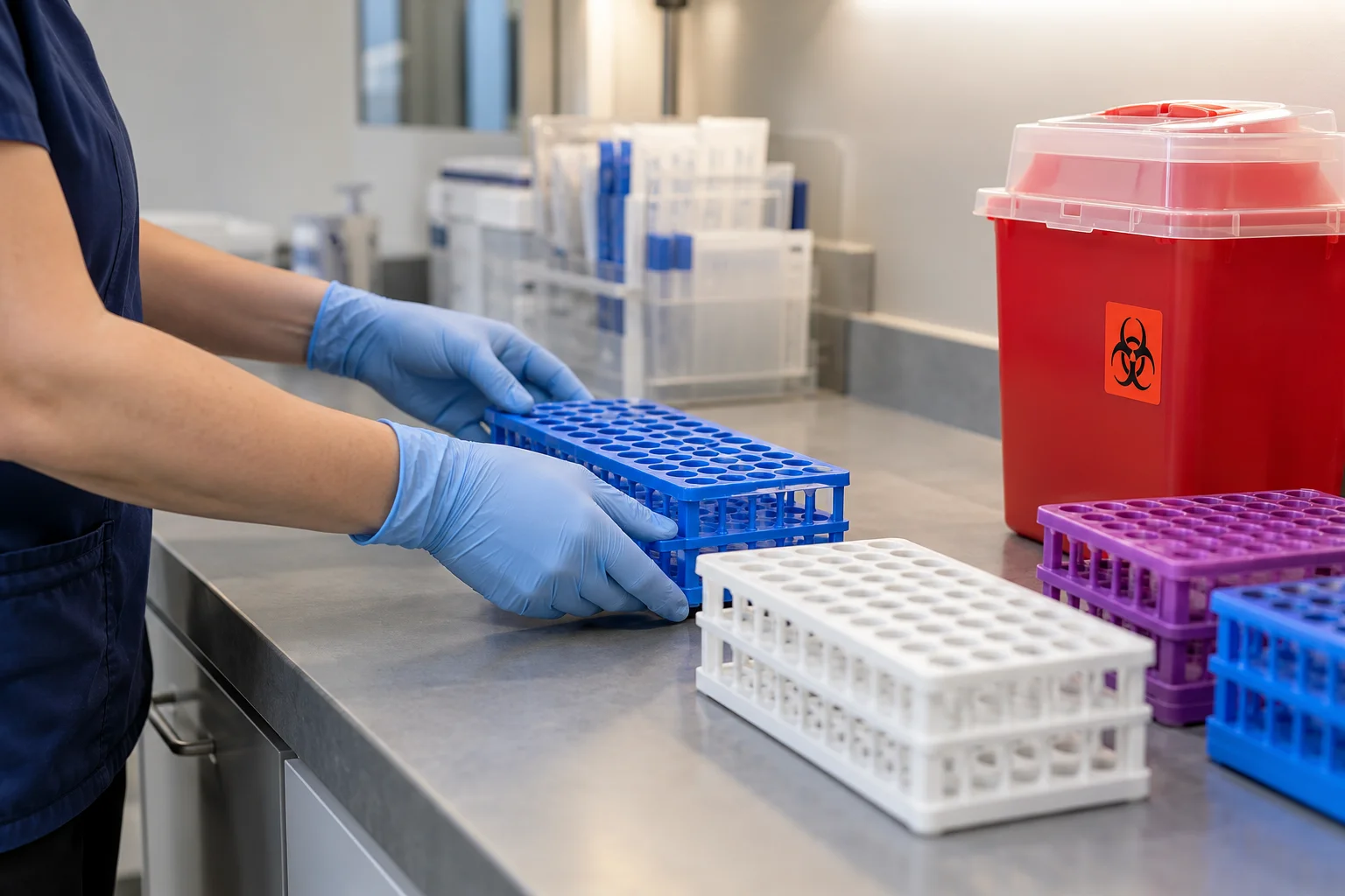Closed sharps container beside clean tube racks on a laboratory bench.