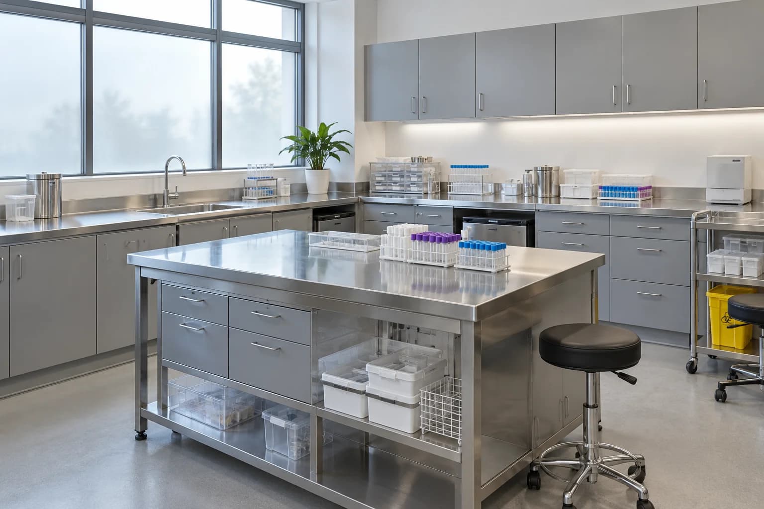Organized clinical laboratory preparation room with clean work surfaces.