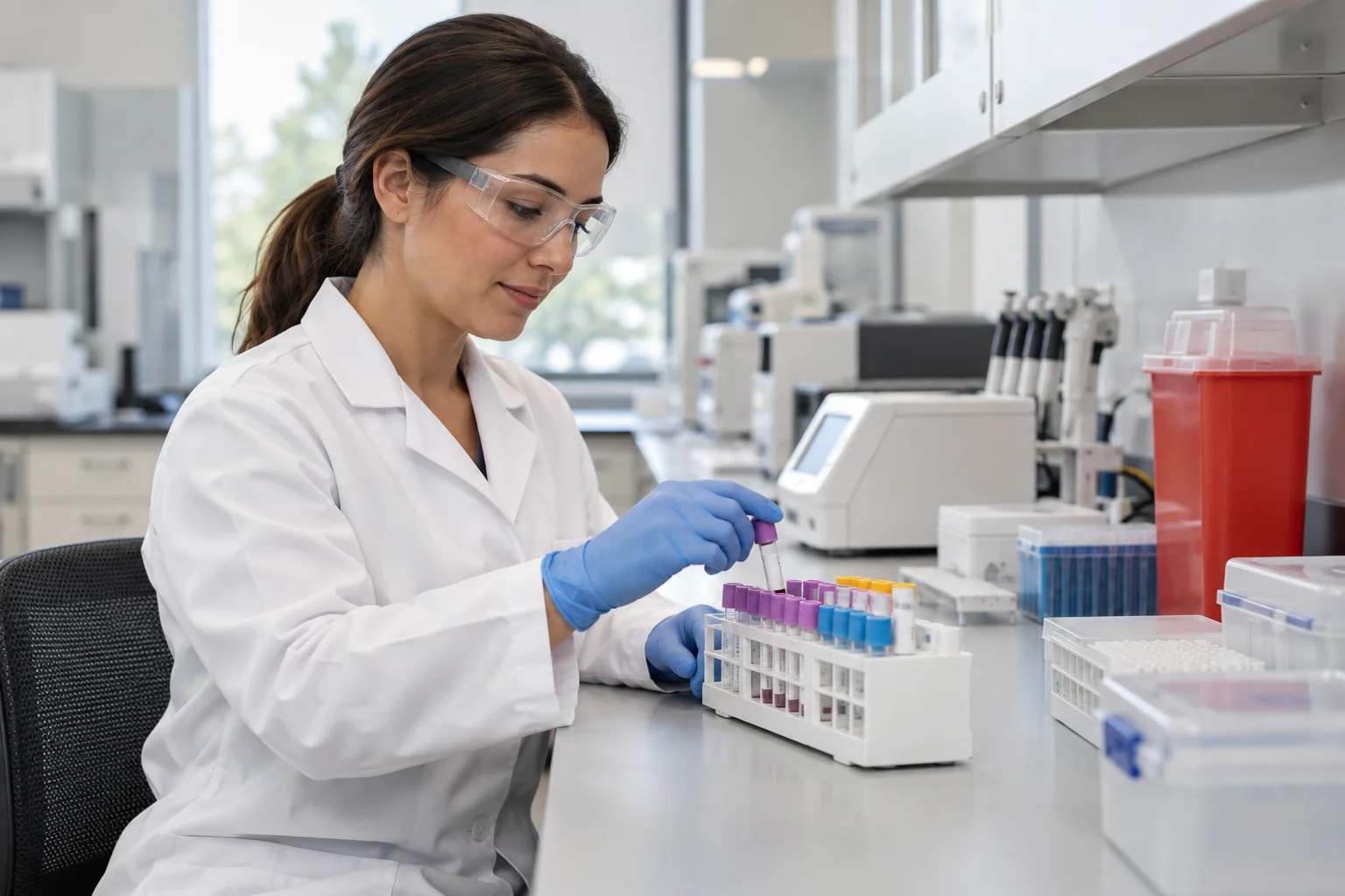 Laboratory professional organizing capped sample tubes at a clean bench.