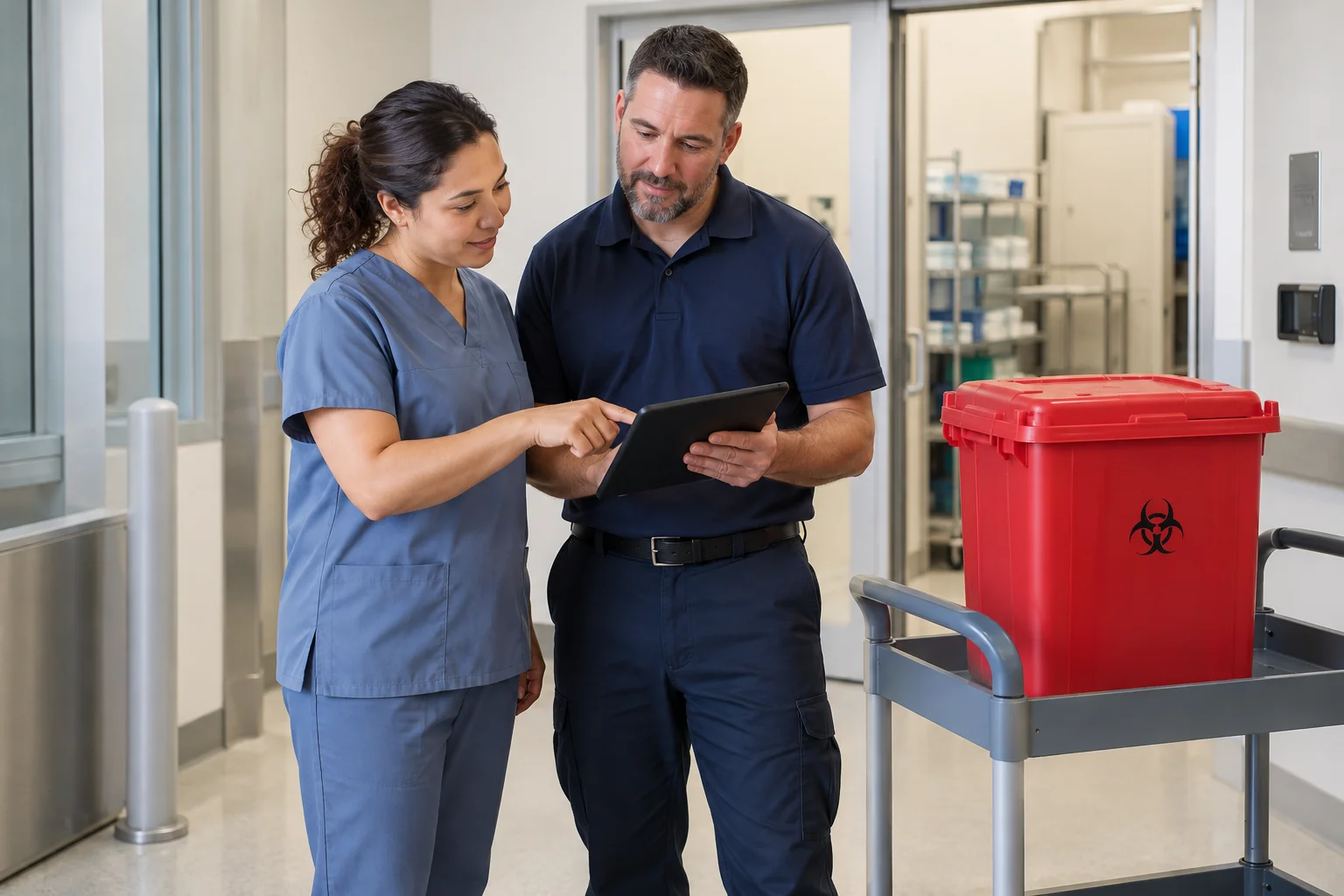 Healthcare and operations staff reviewing a tablet beside a closed medical waste container.