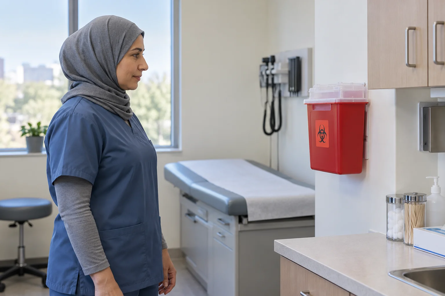 Nurse checking the area around a wall-mounted sharps container.