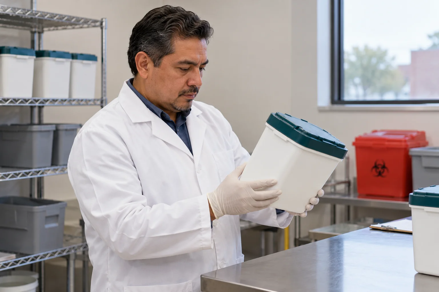 Pharmacy professional checking a closed opaque container in a returns area.