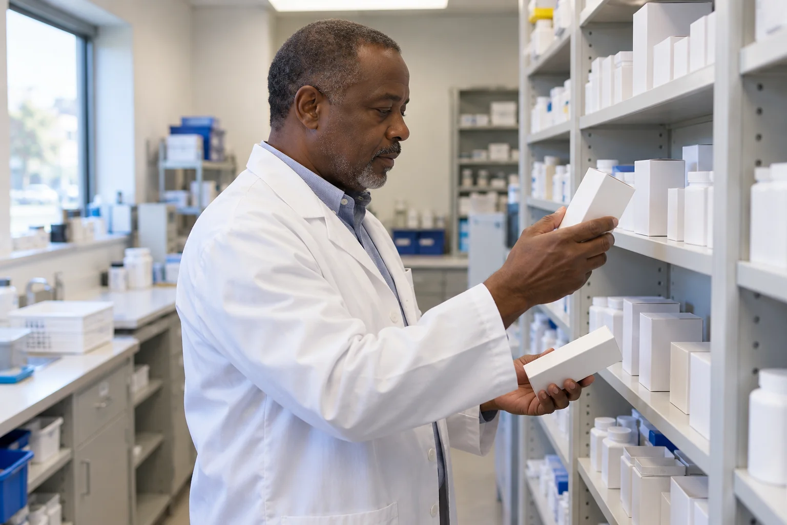 Pharmacist checking unmarked inventory cartons in a pharmacy workroom.