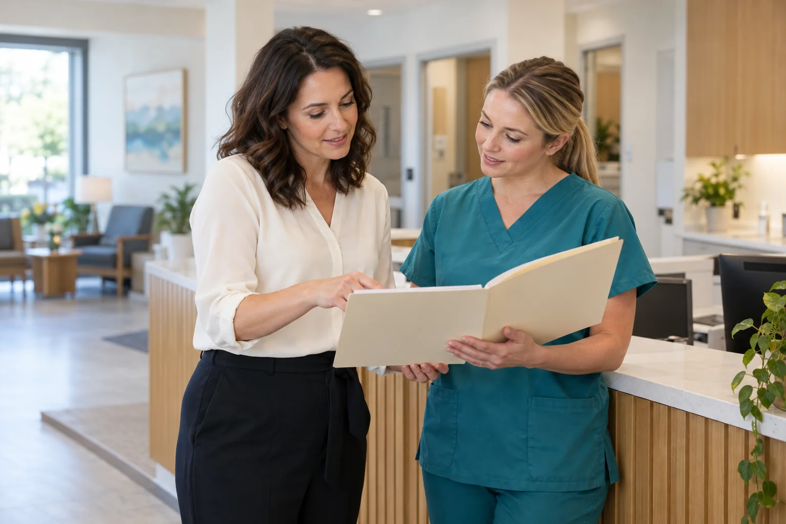 Practice manager and nurse discussing clinic operations at a workspace.
