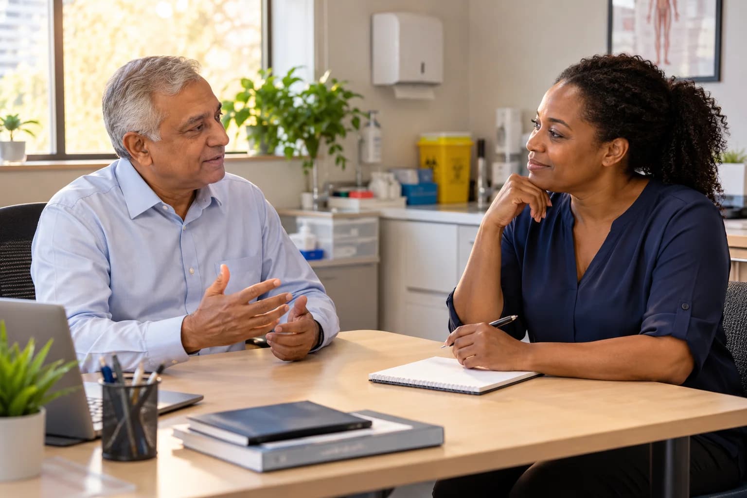 Practice owner and service coordinator discussing healthcare service needs.