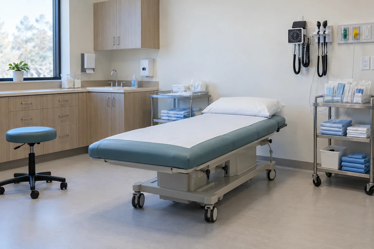 Clean supply cart in an empty procedure preparation room.