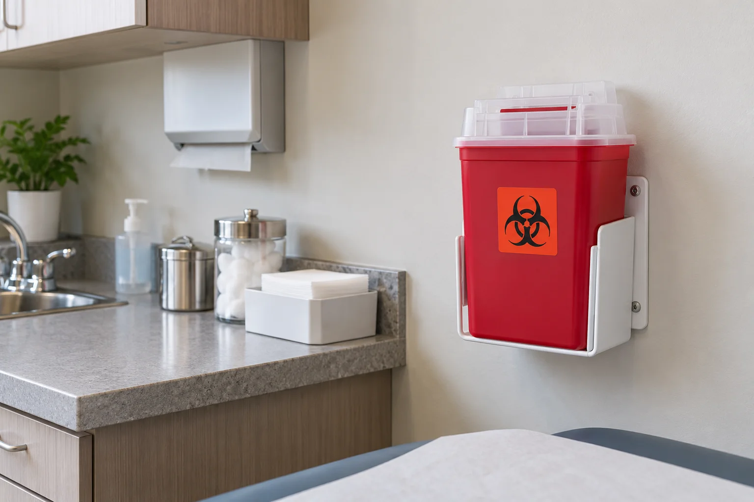 Closed red sharps container secured in a wall-mounted holder.