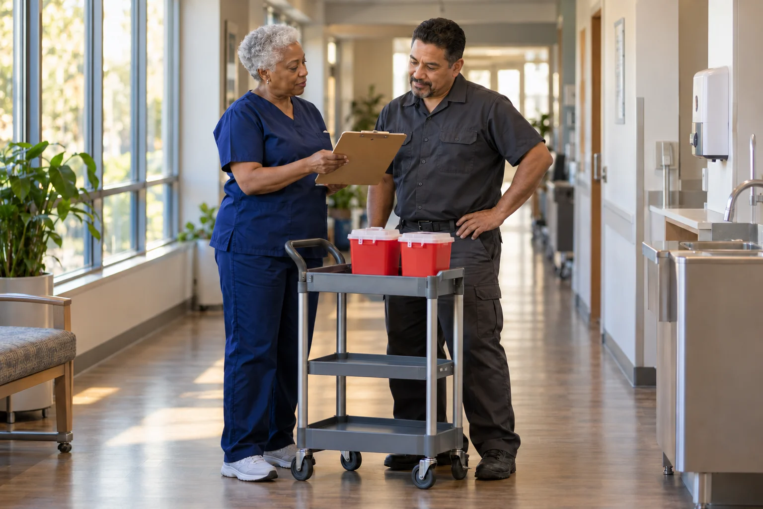 Nurse and pickup worker reviewing a clipboard beside closed medical waste containers.