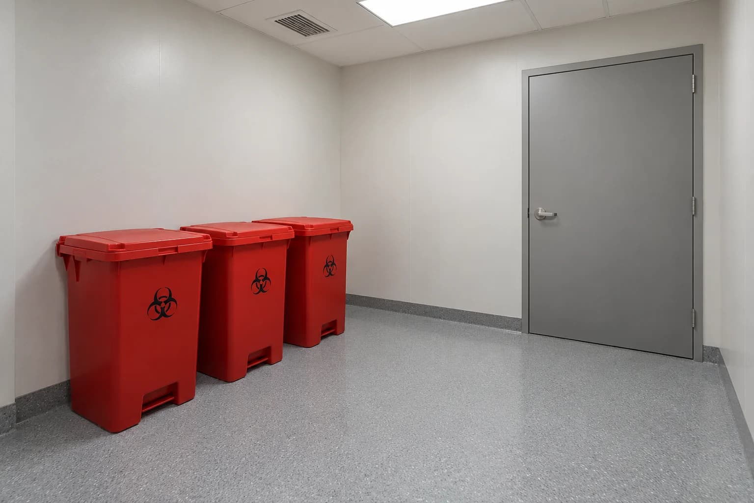Closed medical waste containers in a dedicated storage room.