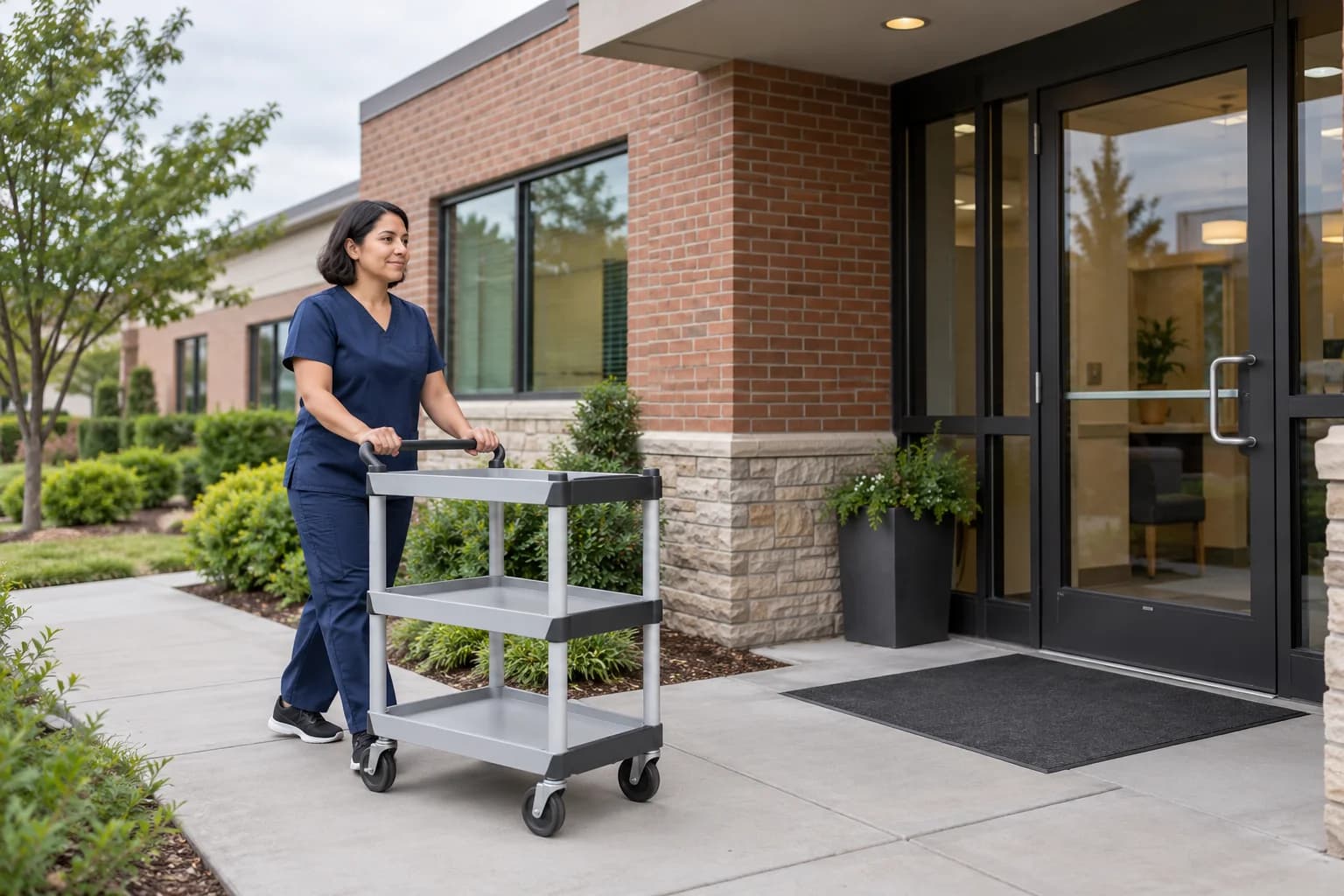 Service worker arriving at a medical office with an empty handcart.