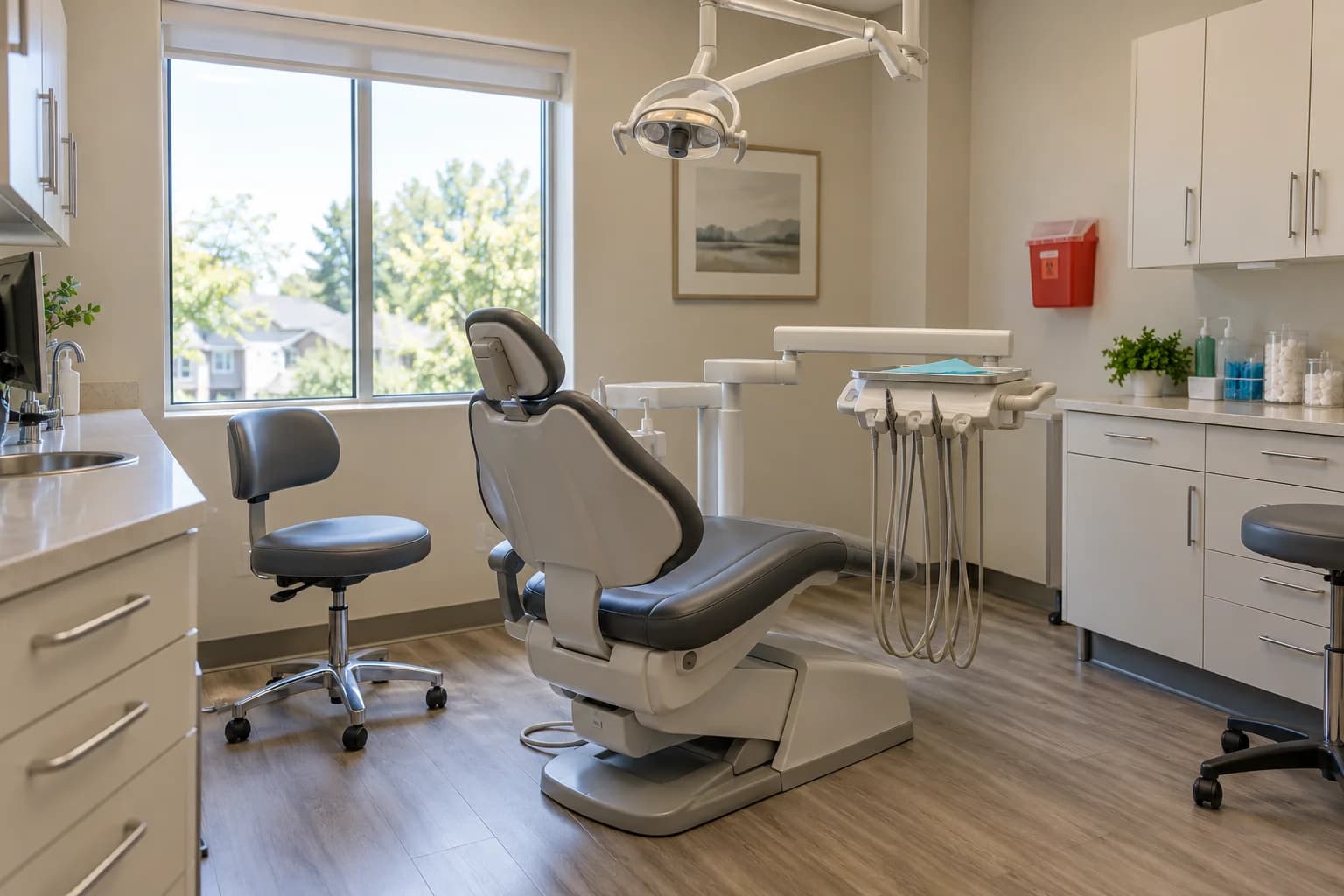 Clean dental treatment room with an empty chair and organized cabinetry.