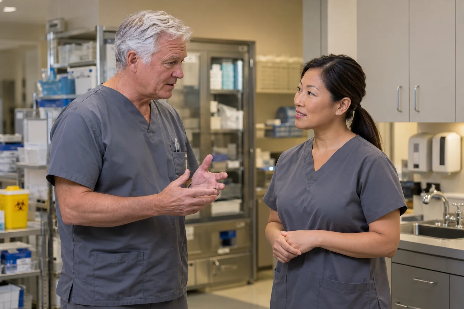 Surgery-center colleagues discussing scheduling in a staff workspace.