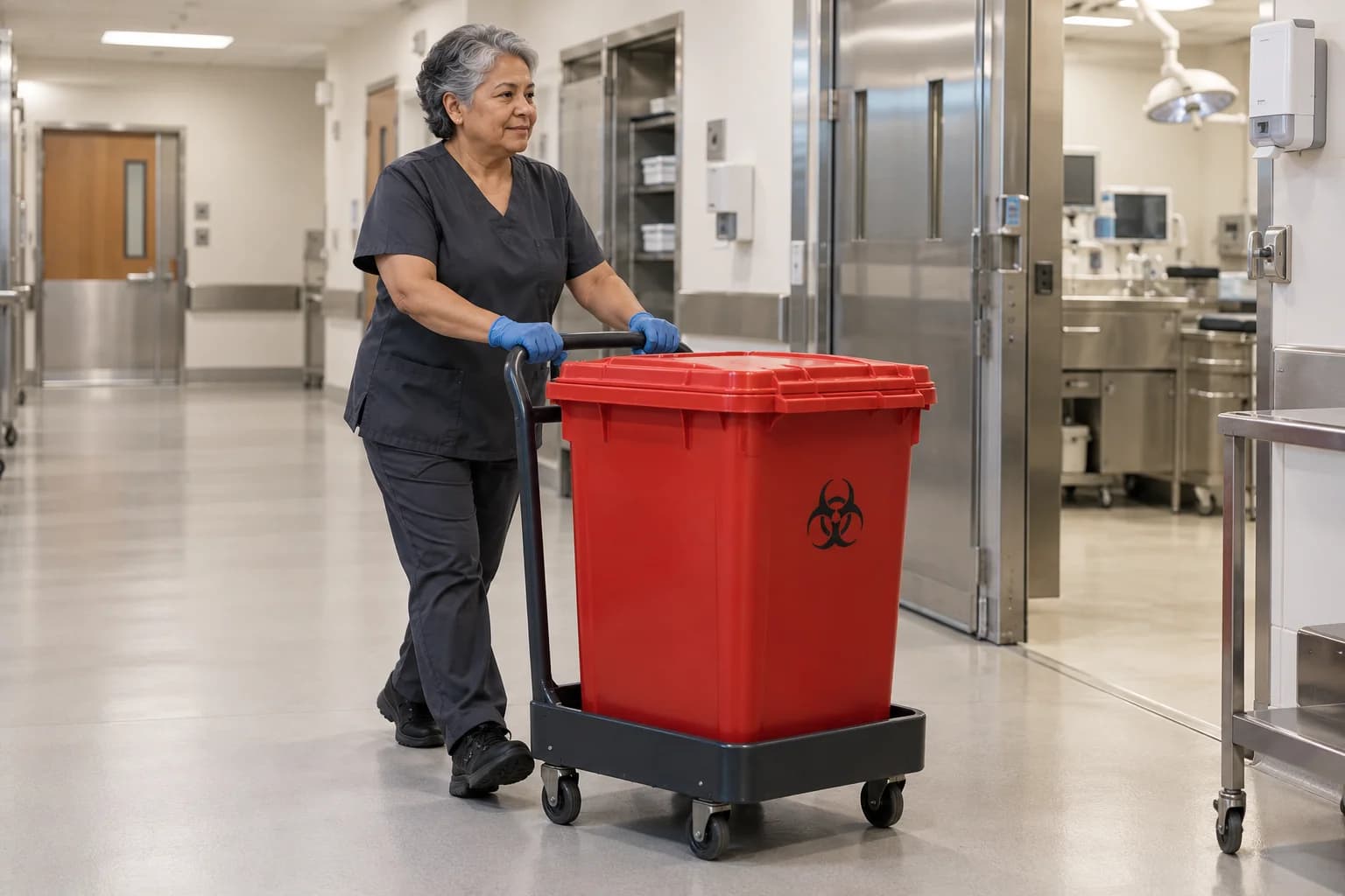 Worker transporting a closed waste container through a surgery-center service corridor.