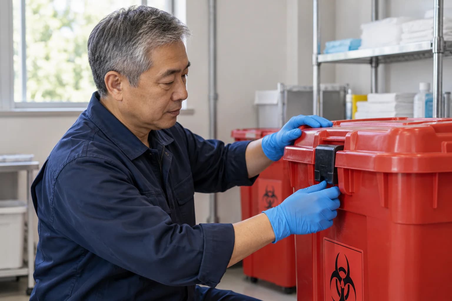 Worker inspecting the exterior latch of a closed medical waste container.
