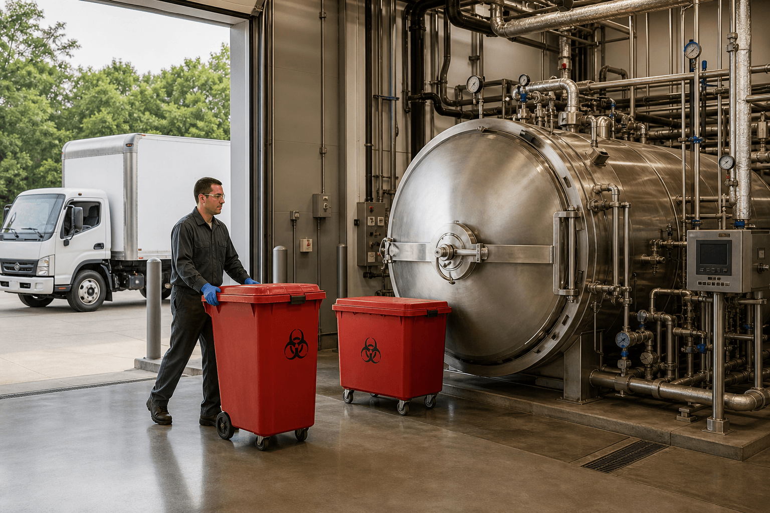 Medical waste containers beside steam-powered autoclave equipment