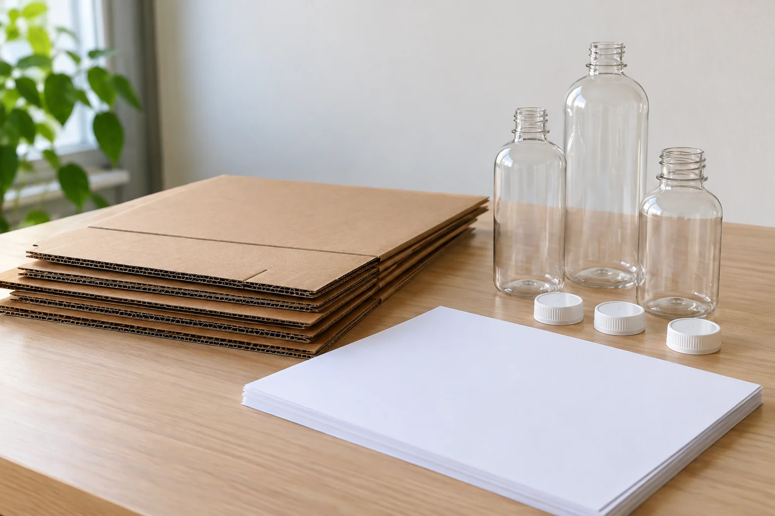 Clean cardboard, bottles and paper on a neutral surface.